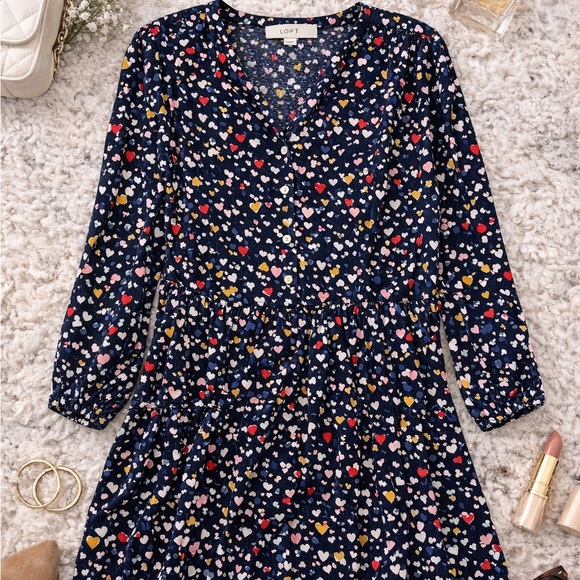 LOFT Dresses & Skirts - LOFT Navy Heart Print Babydoll Dress Medium Long Sleeve Flowy Mini